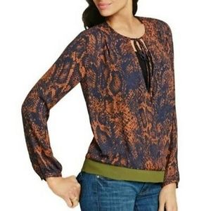 Cabi Navy Burnt Orange Snake Print Wrap Blouse Top